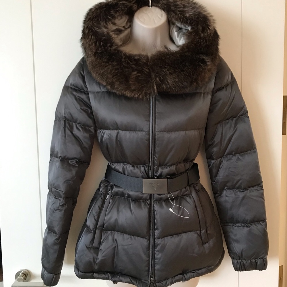 Prada Sport Gray Down Belted Jacket Fur Hood Sz 42